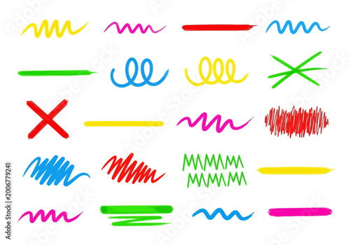 Colorful scribble lines and shapes for digital art and design, vector illustration