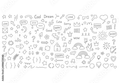 Doodle icons set for social media and messaging, line art illustrations