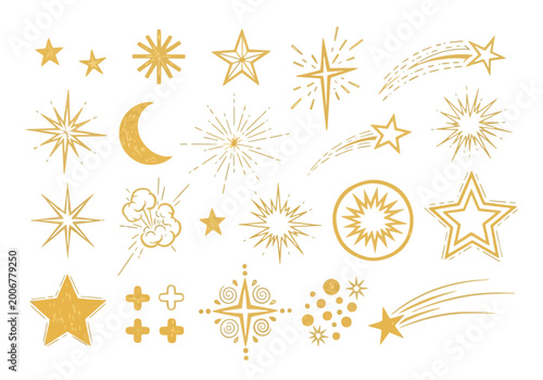 Golden star and moon icons for astronomy and decoration, minimalist vector symbols