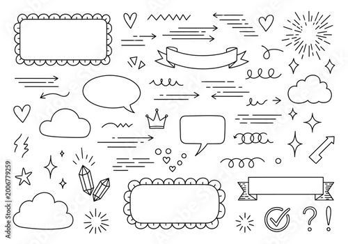 Hand drawn doodle elements and speech bubbles for social media posts and presentations, line art vector icons