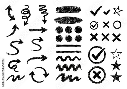 Hand drawn arrows and symbols for infographic and presentation, black icons