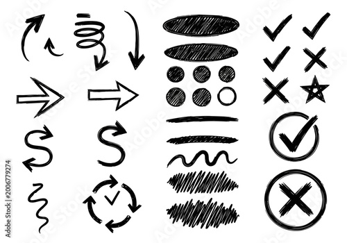 Hand drawn business sketch icons for presentation, infographic and chart, black and white