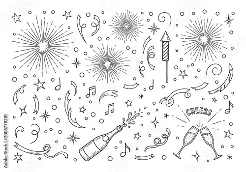 New Year celebration icons with fireworks, champagne and confetti, party elements