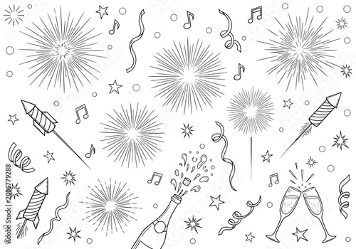 New year celebration icons with fireworks, champagne and music notes, black and white line art