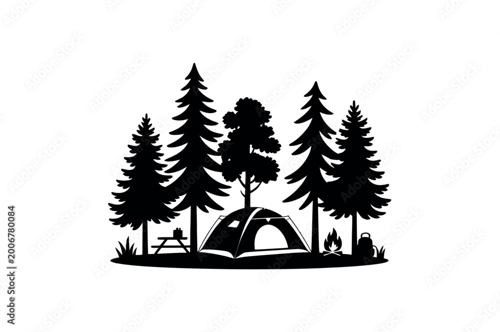 Obraz premium Campsite tent trees silhouette outdoor scene