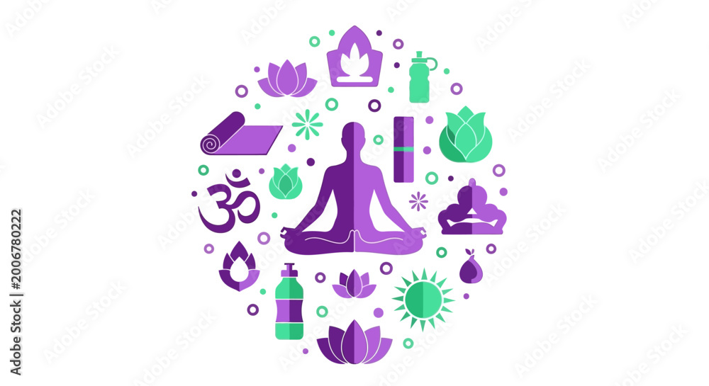 Fototapeta premium Yoga and Meditation Concept Illustration with Wellness Icons in Circular Design; Flat Vector Symbols for Mindfulness, Zen, and Healthy Lifestyle