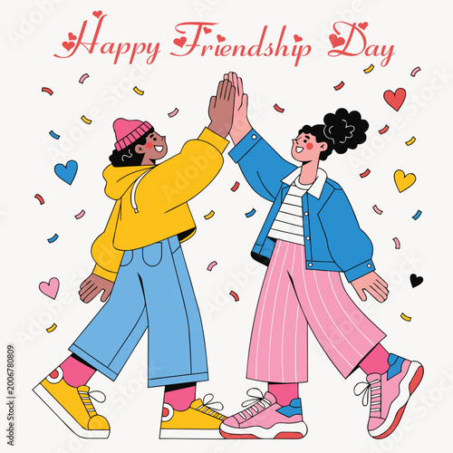 Foto Two friends giving high five with confetti for happy friendship day greeting car