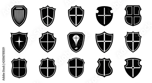Bilde på lerret Set of 15 black and white shield icons with various designs and shapes on white
