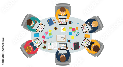 A team of six diverse professionals sits around an oval office table collaborating on digital tablets and paper notebooks while sharing creative ideas in a bright studio.
