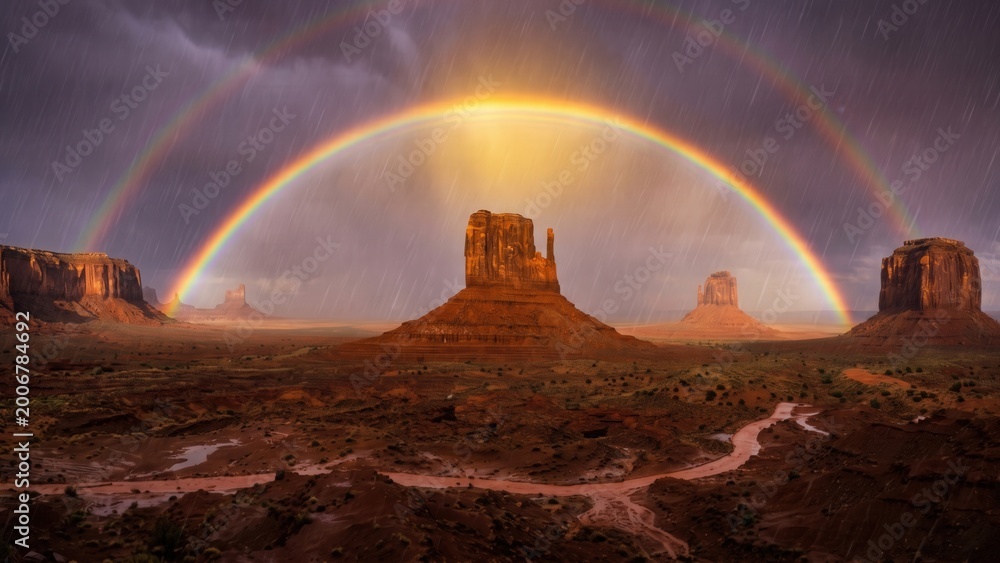 Fototapeta premium Monsoon Rain Over Desert Rock Formations – Dramatic Rainbow Landscape Scene