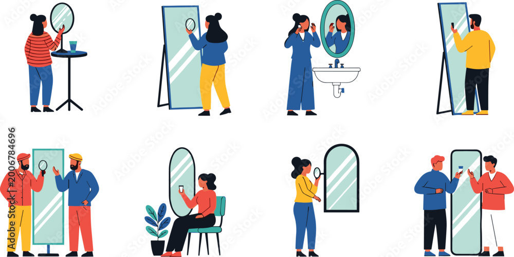 Fototapeta premium Mirror Reflection Vector Set with People Grooming, Checking, and Styling Hair in Bathroom and Living Room