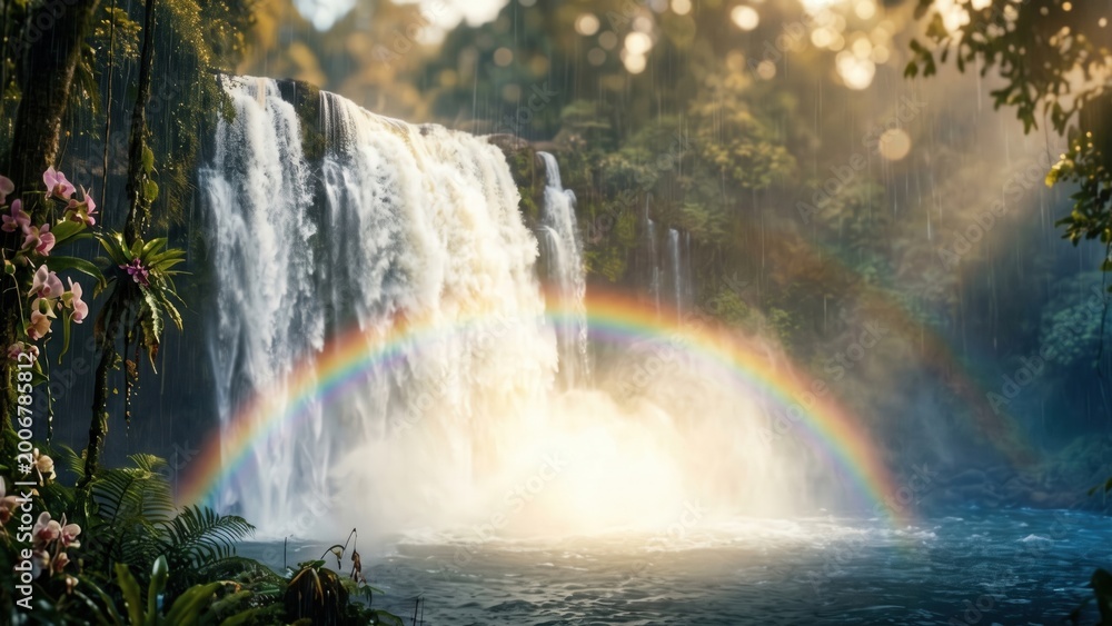 Fototapeta premium Tropical Waterfall During Monsoon Rain – Rainbow Mist Jungle Landscape