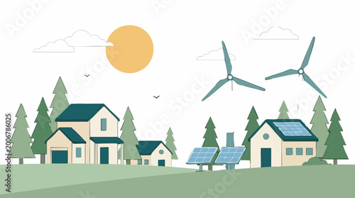 Fotografija Sustainable homes powered by solar panels and wind turbines in natural landscape