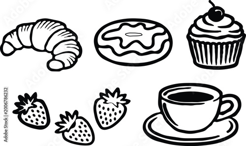 Hand Drawn Bakery and Coffee Icons Set – Croissant, Donut, Cupcake, Strawberry and Coffee Cup Line Art Vector