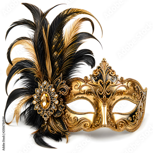 An ornate gold Venetian carnival mask with feathers creates a mysterious masquerade disguise for a traditional Venice festival ball, isolated against a black background
