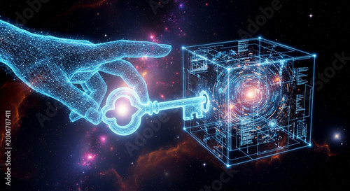 Futuristic digital hand holding glowing key unlocking intricate cube with cosmic nebula background