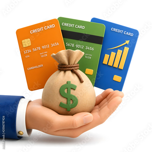3D illustration of a hand holding a gold credit card with a bag of cash and dollar currency symbols to represent a successful financial business investment concept in the banking market