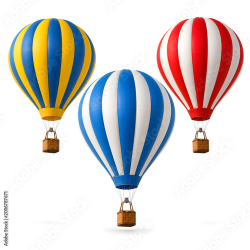 A colorful red hot air balloon illustration with a basket flies up in the sky as an isolated vector icon for travel, adventure, and aircraft transportation