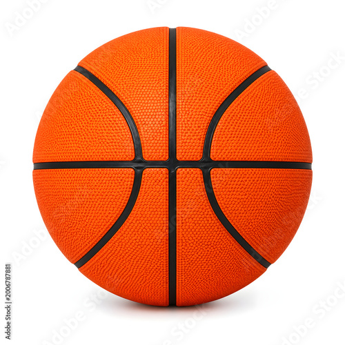 A single orange rubber basketball sits isolated on a white background as a round sports equipment object for team competition and leisure play