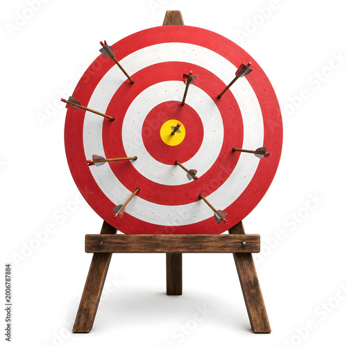 A 3d illustration of a red bullseye target with an arrow hitting the center circle to represent business success, accuracy, and achieving a goal in a competitive archery sport game