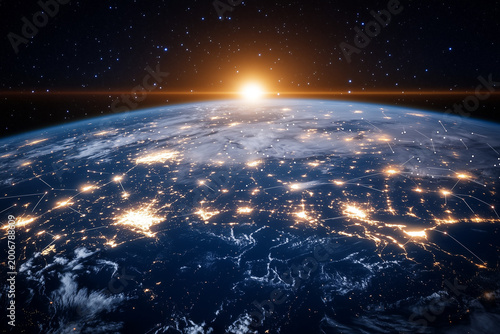 Futuristic Digital Earth with Global Network Data Connections and AI Visualization