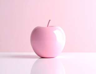 Pink apple on a white surface against a pink background.