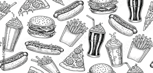 Seamless Fast Food Pattern with Hand Drawn Burger, Pizza, Hot Dog, Fries, and Soda Illustration for Restaurant Design, Menu Backgrounds, and Vintage Sketch Style