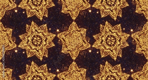Golden starburst patterns shimmer and repeat against a dark, sparkling cosmic backdrop