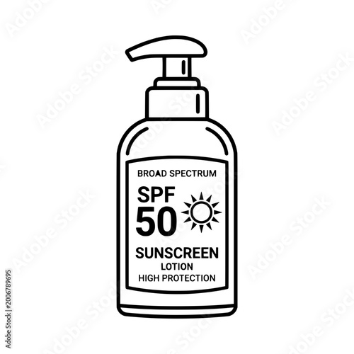 SPF 50 sunscreen lotion bottle with pump dispenser on white background