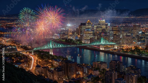 Fireworks over the jacques cartier bridge and montreal city skyline at night