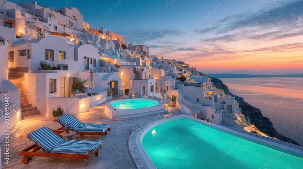 Fototapeta premium Luxury infinity pool overlooking the aegean sea in oia, santorini at sunset