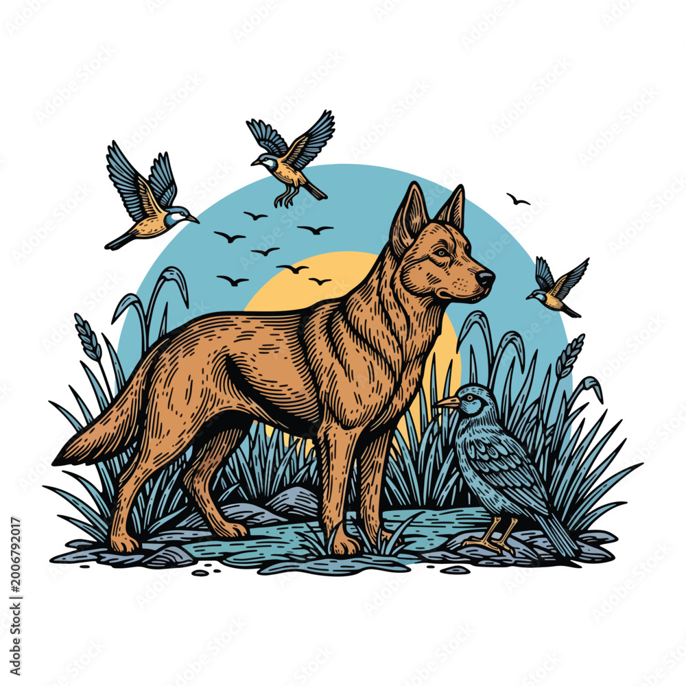 Fototapeta premium German shepherd dog standing in a field with birds flying in the nature outdoors