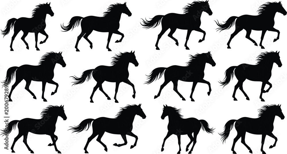 Obraz premium Running horse silhouettes collection featuring dynamic galloping poses isolated on clean background for equestrian, farm, and wildlife design