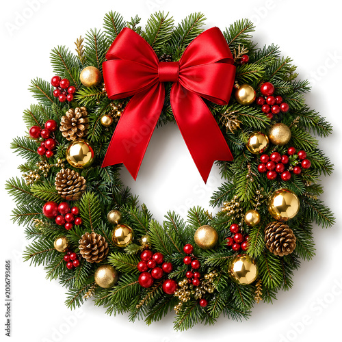 A festive Christmas wreath with green pine and fir branches features a red ribbon bow and gold ornaments on a white background for a holiday celebration