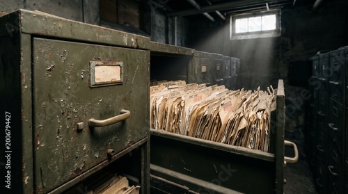 Quadro su tela Open Metal Filing Cabinet Drawer Full Of Old Folders In Dark Room