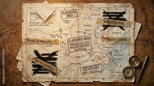 Photos Top Secret Vintage Tactical Map With Redactions On Wooden Table