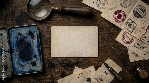 Foto Blank Vintage Card With Rubber Stamps And Tools On Wooden Desk