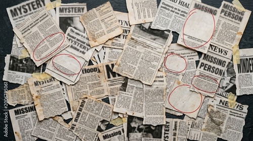 Fotografie Messy Pile Of Torn Newspaper Clippings With Blank Red Circles