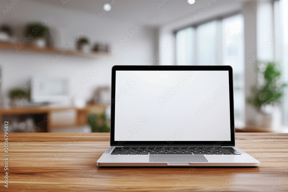 Fototapeta premium Laptop Mockup on Wooden Desk in Modern Office, Minimalistic Design for Creative