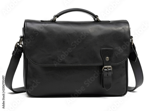 A black leather briefcase sitting on a clean white background, ideal for business or professional use