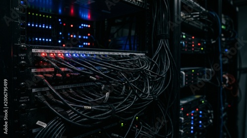 Fotografía Messy Network Cables Connected To Server Rack In Dark Data Center