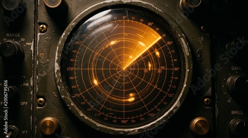 Vintage Military Radar Screen Displaying Glowing Targets In Dark Room
