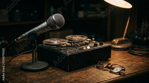 Bild auf Leinwand Vintage Microphone And Reel To Reel Tape Recorder On Wooden Desk
