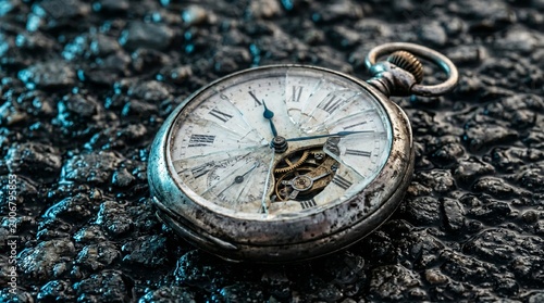 Foto Broken Vintage Pocket Watch Resting On Wet Dark Asphalt Surface