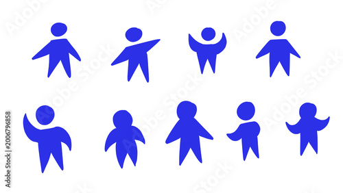 Blue Silhouette Figures with Different Poses on White Background, Simple Stick Figures, Abstract People Illustrations, Transparent PNG.