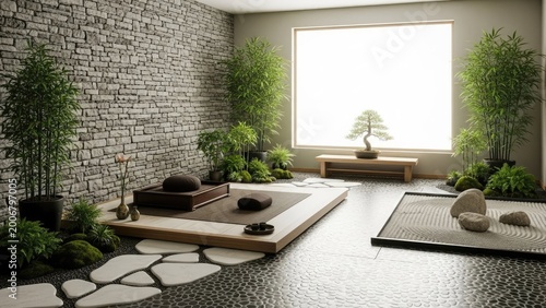 Zen garden interior serene room with stone walls and plants