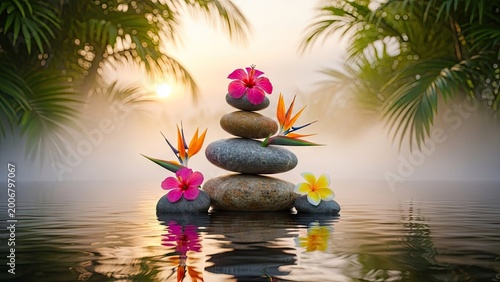 Zen stones with flowers on water in a tranquil scene with blurred background