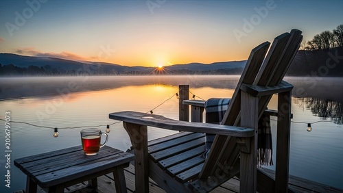 Wooden chair and drink at sunrise over a serene lake with copy space