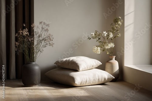 Minimalist living corner with floor cushions and ceramic vase in warm natural light