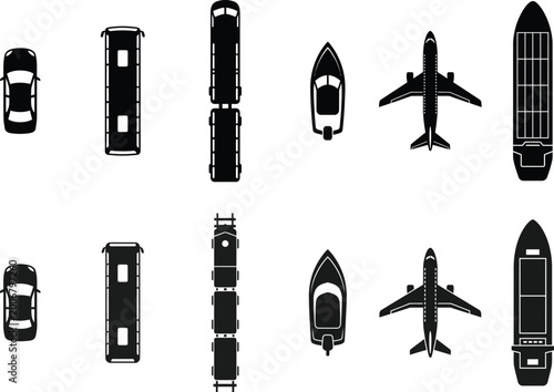 Fotografie Black silhouette icons of various transportation vehicles top down view